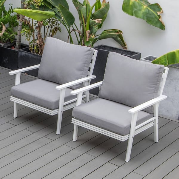 Leisuremod Walbrooke Modern White Aluminum Outdoor Arm Chair with Powder Coated Frame and Removable Cushions in. Grey (Set of 2)