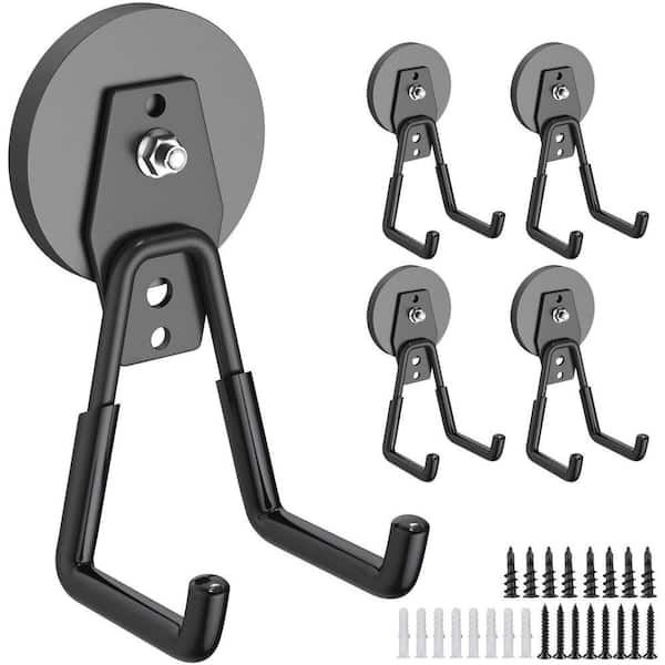 Black Steel Magnetic Utility Hooks Heavy Duty Storage Hanger with Anti-Slip Coating for Garage Tools (4-Pieces)
