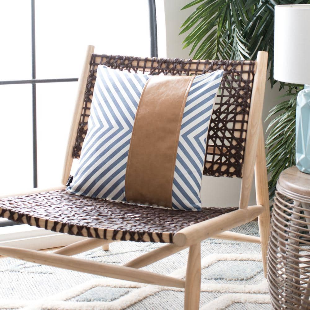Endra Chevron Navy and Tan Faux Leather Throw Pillow