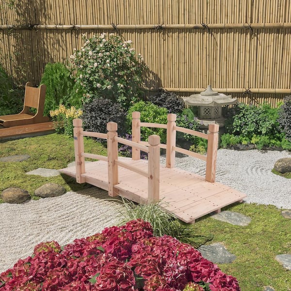 VINGLI 5 ft. Garden Bridge Classic Wooden Arch with Safety Rails