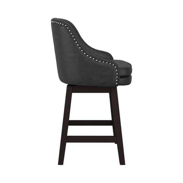 26.5 in Black Solid Wood Faux Leather Swivel Counter Height Bar Stool Double Cushion Bar stool with Rivets Set of 4