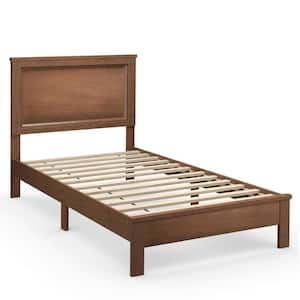 Walnut Wood Twin Platform Bed Frame with Headboard, No Box Spring Needed