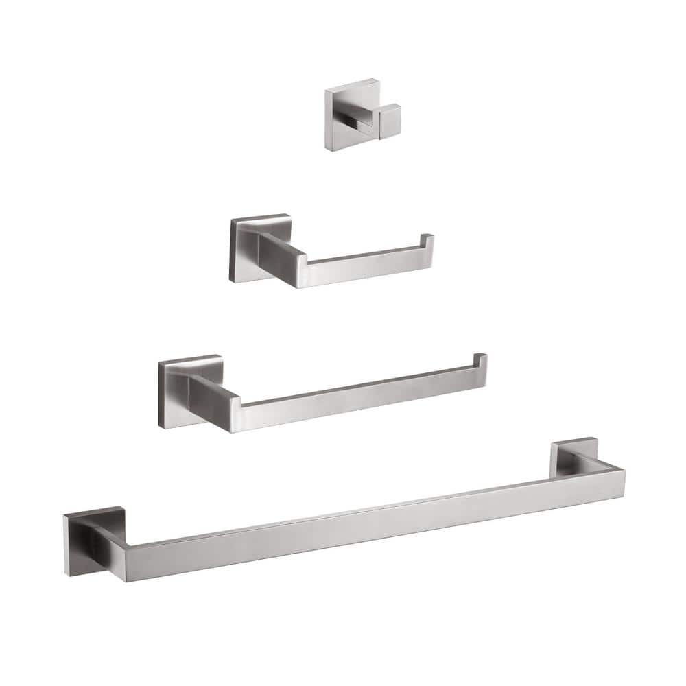 4-Piece Bath Hardware Set with Toilet Paper Holder, Hook in Brushed Nickel