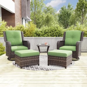 5-Piece Wicker Outdoor Patio Conversation Set Swivel Rocking Chair Set with Green Cushions