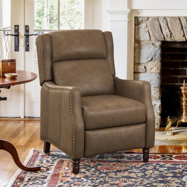 Lange 28in. W Grayish Brown Genuine Leather Nailhead Trim Recliner Armchair with Cushioned Back and Wooden Legs