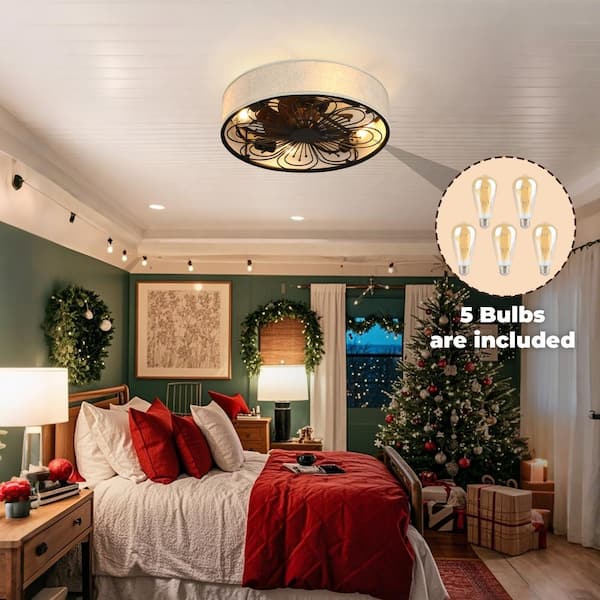 19.6 in. Indoor Bronze Low Profile Fabric Farmhouse Caged Enclosed Flush Mount Ceiling Fan with Light Kit and Remote