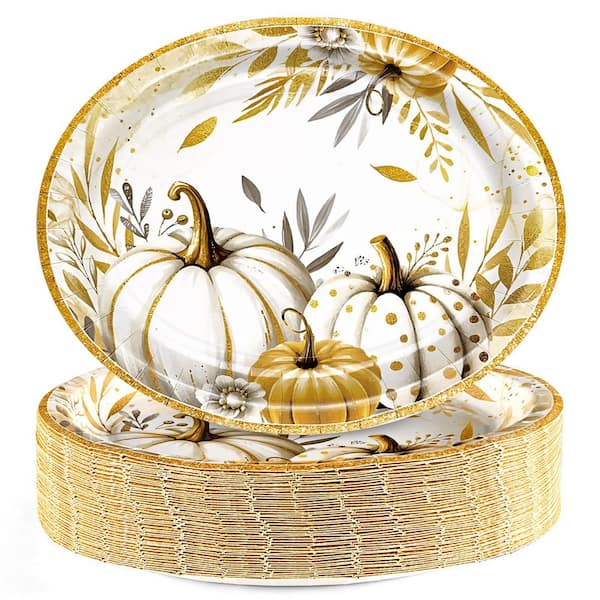 50-Pack 12 x 10 in Heavy Duty Fall Pumpkin Oval Disposable Paper Plates for Thanksgiving Autumn Gathering