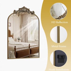 24 in. W x 38 in. H Arched Bronze Metal Framed with Carved Decoration Vanity Mirror Wall Mirror