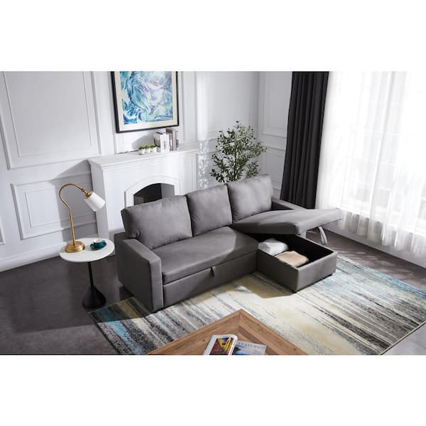 GODEER 85 in. W 2-Piece Polyester Sectional Sofa with Pulled out Bed, and Reversible Chaise with Storage in Gray