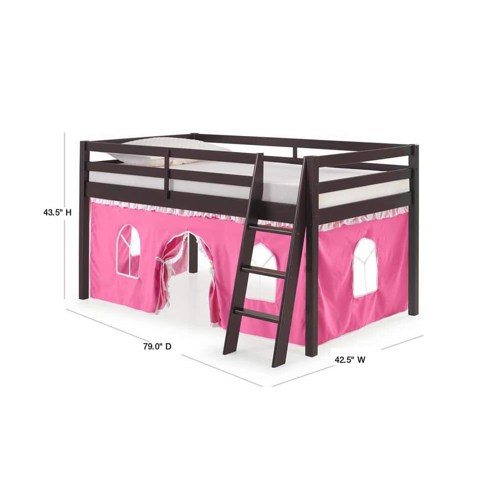 Espresso Pine Twin Loft Bed with Pink Playhouse Tent