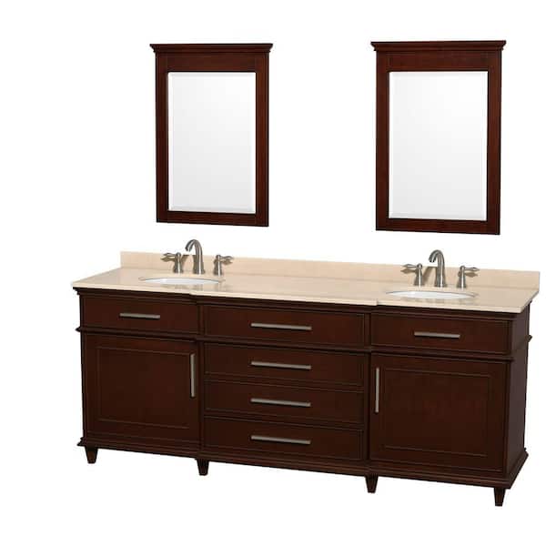 Wyndham Collection Berkeley 80 in. Double Vanity in Dark Chestnut with Marble Vanity Top in Ivory, Oval Sink and 24 in. Mirrors
