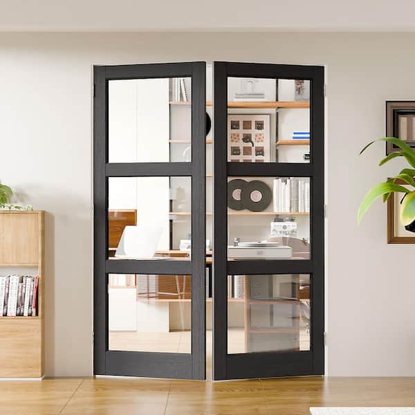 60 in. x 80 in. 3-Lite Clear Glass Black PVC Covering MDF. Universal Pre-hung French Door with Quick Assemble Jamb