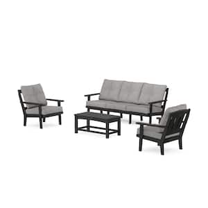 Cape Cod 4-Piece Plastic Patio Conversation Set with Sofa in Charcoal Black/Grey Mist Cushions