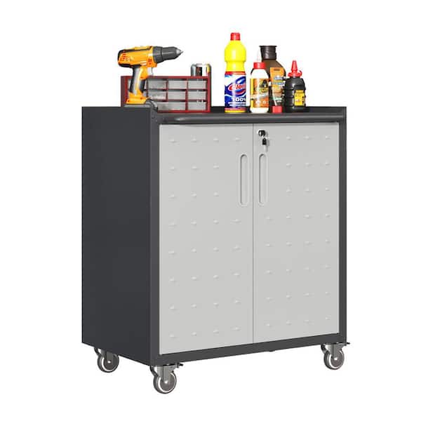 Unbranded Black/Gray 35 in. H Steel Tool Storage Cabinet with Wheels Adjustable Shelf Garage Storage Cabinet with Lockable Doors