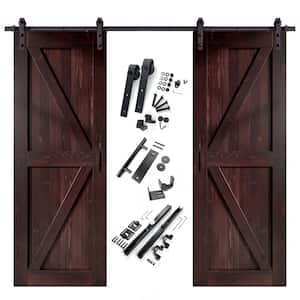 30 in. x 96 in. K-Frame Red Mahogany Double Pine Wood Interior Sliding Barn Door with Hardware Kit, Non-Bypass