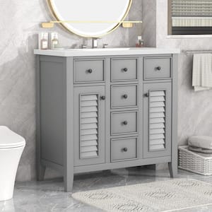 36 in. Modular Functional Storage Wood Cabinet Freestanding Gray Bathroom Vanity with White Ceramic Basin, 5-Drawers