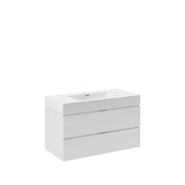Valencia 40 in. W Wall Hung Bathroom Vanity in Glossy White with Acrylic Vanity Top in White