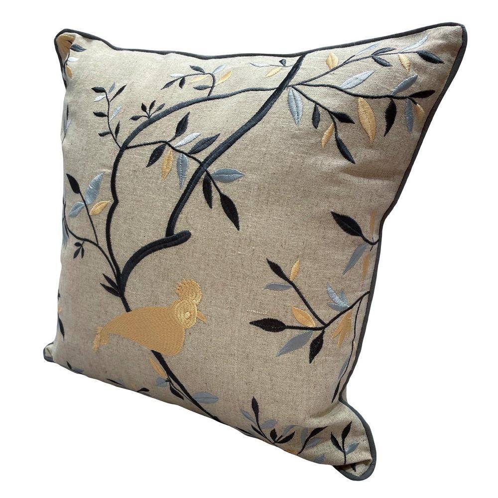 Beige and Blue Embroidered Botanical Bird 20" Square Pillow