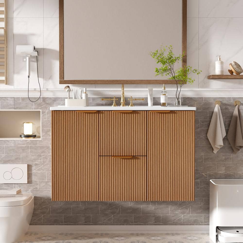 36 in. W Natural Wall-Mounted Single Sink Bathroom Vanity with Ceramic Top, Cabinet and Divided Drawers price history on PriceWatchPro