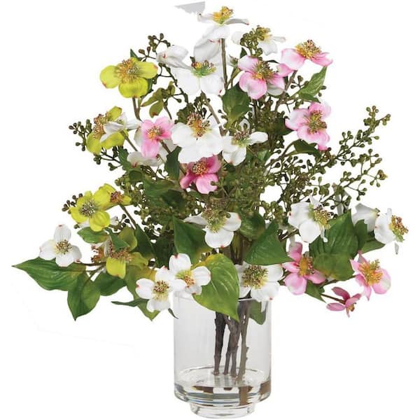 11 in. Multi-Colored Artificial Dogwood in Brown Vase