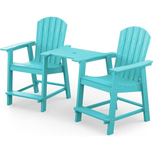 Mximu Aruba Blue Plastic Adirondack Outdoor Bar Stools with Removable Connecting Table(2-Pack)