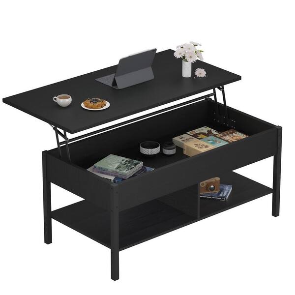 Cho 41 7 In Black Rectangle Mdf Wood Lift Top Coffee Table With Storage And Dual Open Shelves Txy Zhwc0062 Bk Cho 41 7 In Black Rectangle Mdf, Coffee Table That Opens Up For Storage
