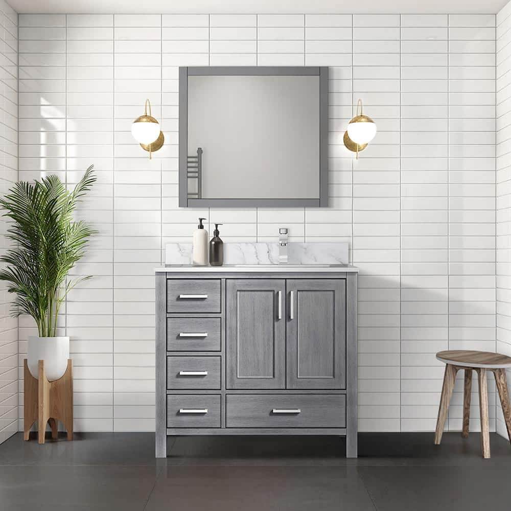 Lexora Jacques 36 in. W x 22 in. D Right Offset Distressed Grey Bath Vanity, Carrara Marble Top, and 34 in. Mirror -  LJ342236SDDSMR