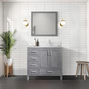 Jacques 36 in. W x 22 in. D Right Offset Distressed Grey Bath Vanity, Carrara Marble Top, and 34 in. Mirror