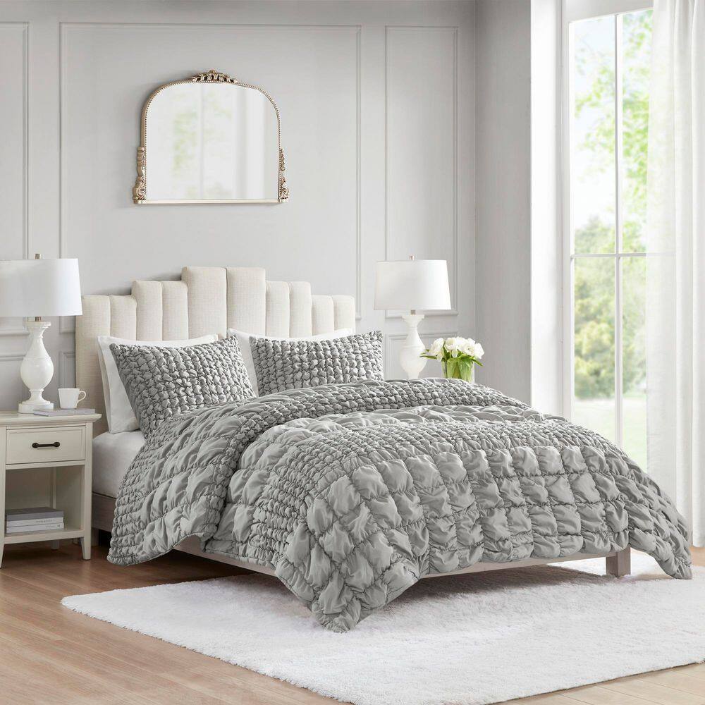 Gray Full Microfiber Ruched Comforter Set