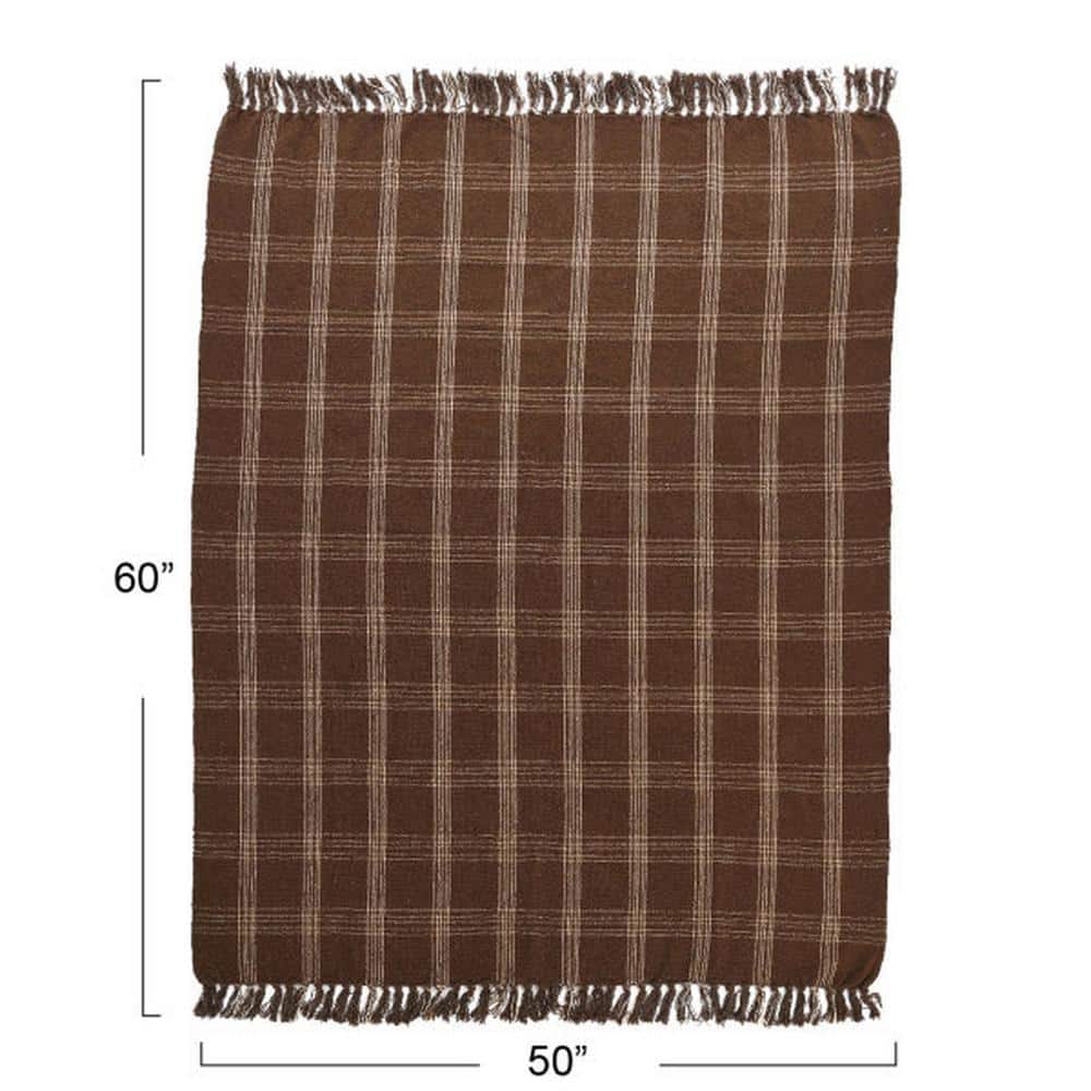 Brown Plaid Recycled Cotton Blend Throw Blanket with Fringe