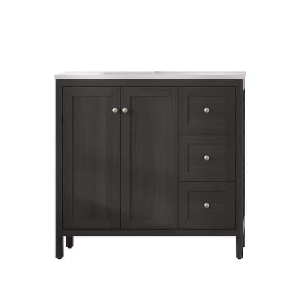 35.5 in. Freestanding Munich Black Bath Vanity with White Resin Top Basin, Soft Closing Doors and 3 Drawers, Unassembled