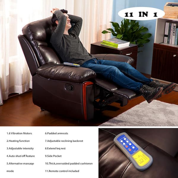 Massage Recliner PU Leather Sofa Chair for Elderly, Padded Seat Cushions  Chair with Heating and Massage Vibrating Function, Reclines to 150 Degrees,  Extending Footrest, Brown 