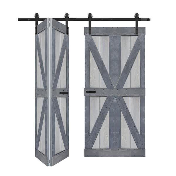 ISLIFE K Style 60in. x 80 in. (15 in. x 80 in. x 4 Panels) French Gray/Dark Gray Solid Core Wood Bi-Fold Door with Hardware Kit