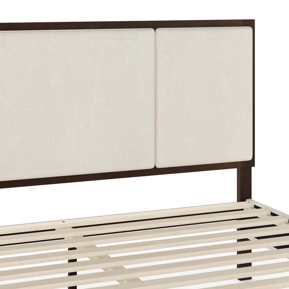 Queen Dark Brown and Beige Upholstered Wood Platform Bed