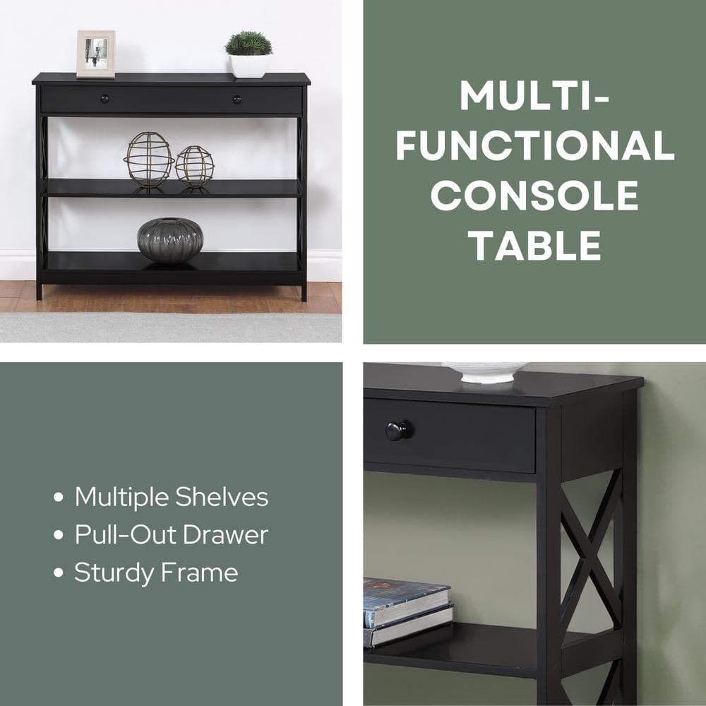 Oxford Transitional Black Wood Console Table with Drawer and Shelves