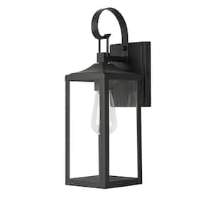 Castle 1-Light 16 in. Outdoor Hardwired Wall Lantern Sconce with Matte Black Finish and Clear Glass Shade