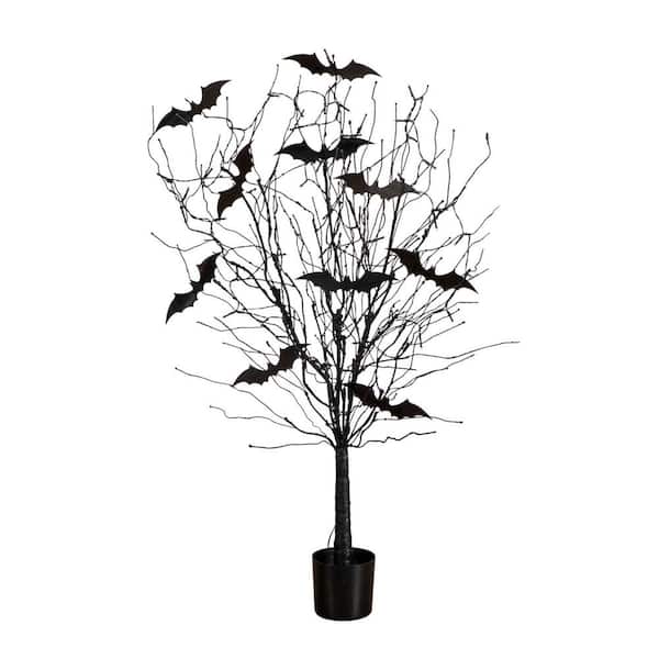 4ft. Pre-Lit Artificial Halloween Black Twig Tree with Bats and 50 Orange LED Lights