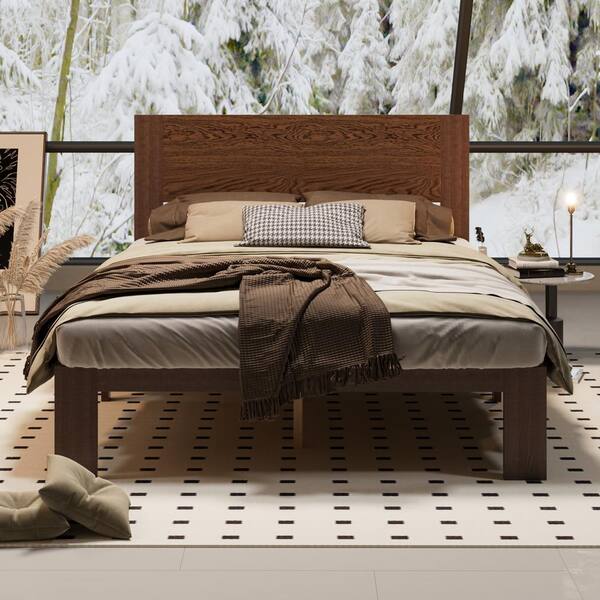 FUFU&GAGA Walnut Brown Color Wooden Frame Queen Size Panel Bed