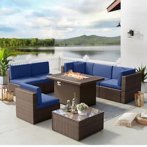 Brown 8-Pcs Wicker Patio Fire Pit Sectional Seating Set with Blue Cushions 44 in. Fire Pit Coffee Table and Cover
