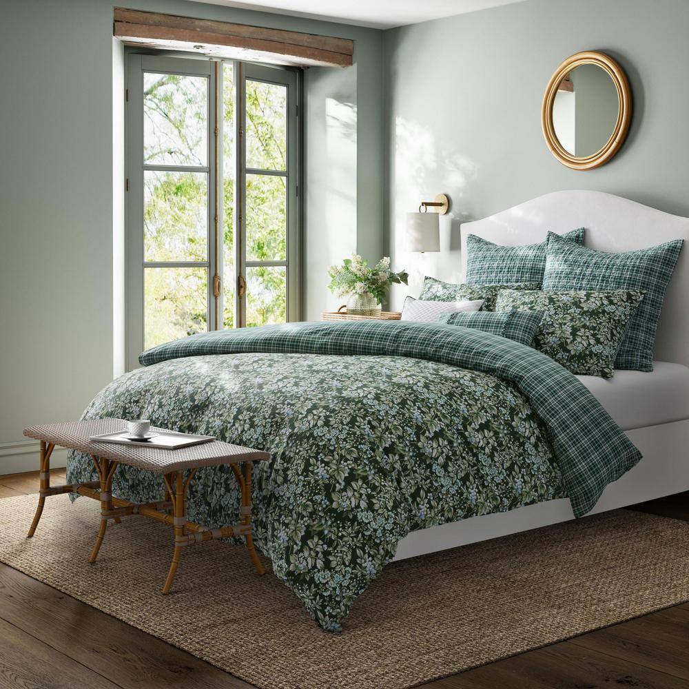 Bramble Floral Green Cotton King Duvet Cover Set