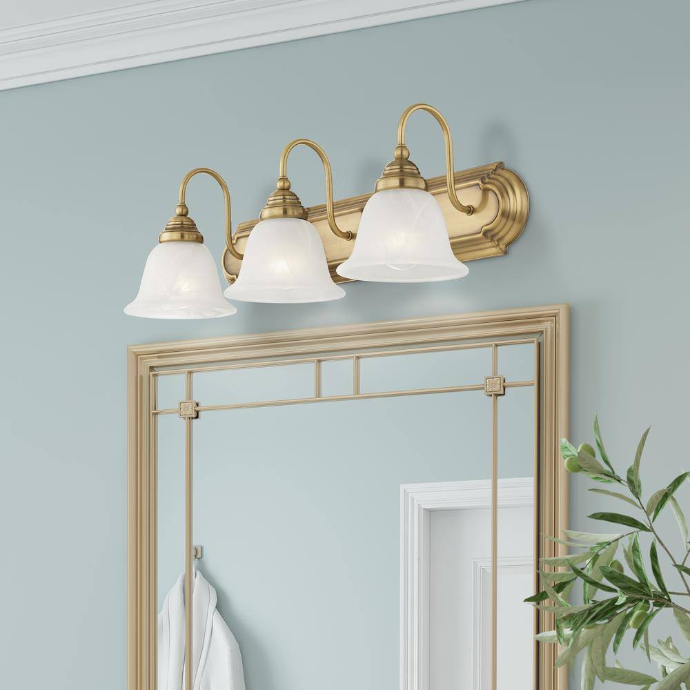 Belmont Antique Brass 3-Light Vanity with White Alabaster Glass
