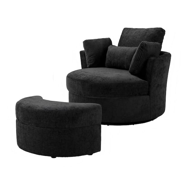 Black Cotton Upholstered 360° Swivel Accent Barrel Chair with Storage Ottoman and Corduroy Pillows (Set of 1)