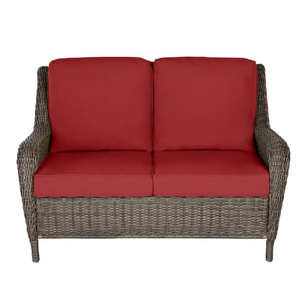 Hampton Bay Cambridge Gray Wicker Outdoor Patio Loveseat with CushionGuard Chili Red Cushions