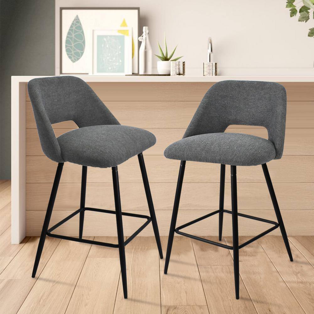 Dark Gray Upholstered Counter Height Stools with Black Metal Frame, Set of 2