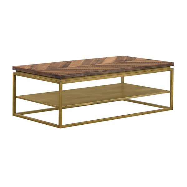 Armen Living Faye 46 in. Rustic/Brass Large Rectangle Wood Coffee Table with Shelf and Metal Base