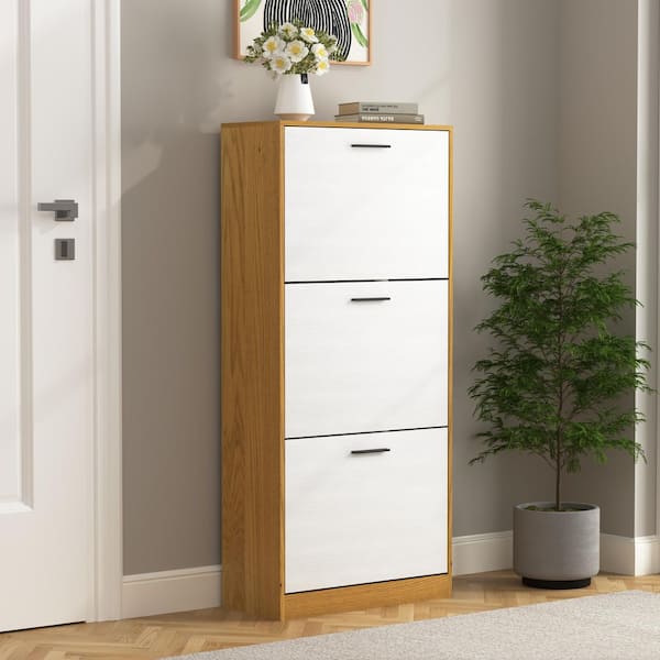 47.2 in. H x 21.3 in. W x 9.4 in. D Natural Shoe Storage Cabinet with 3-White Panel Flip Drawers