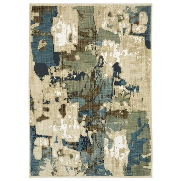 10 ft. x 13 ft. Beige, Blue Abstract Washable Area Rug