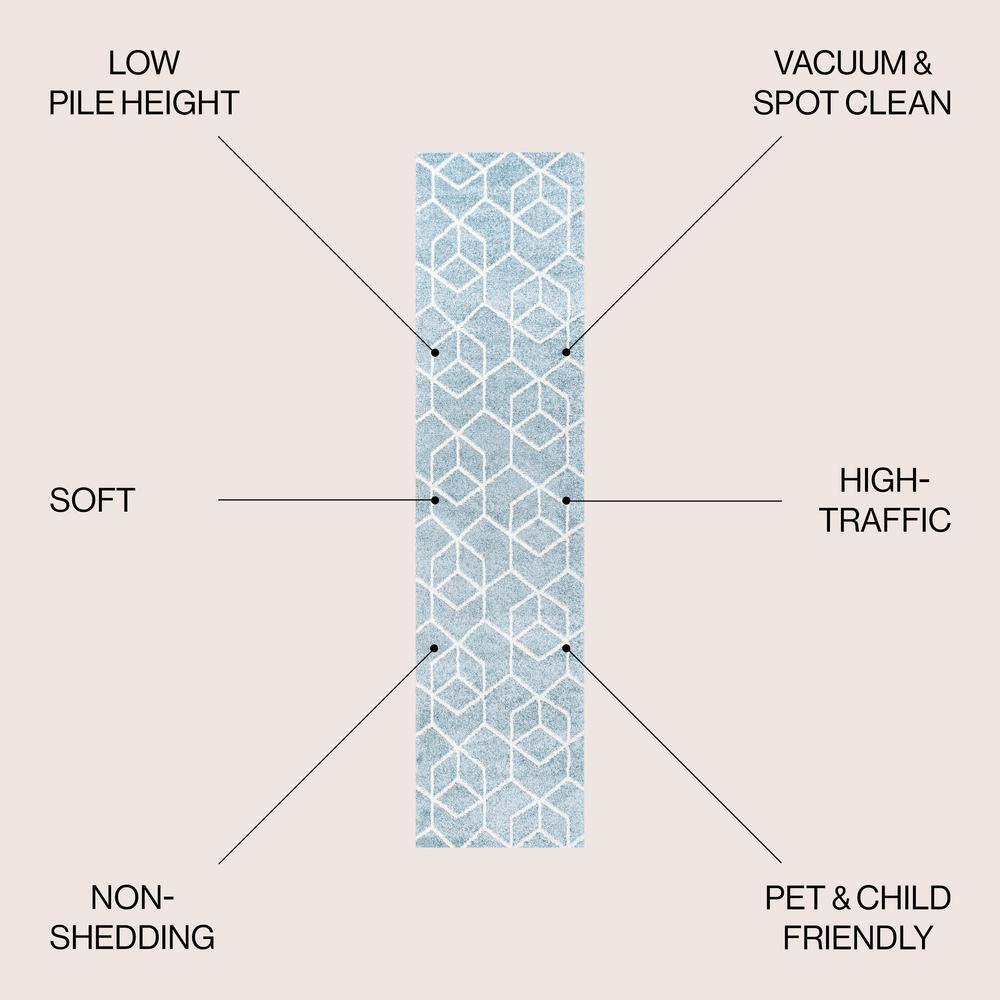 Scandinavian Geometric Light Blue & White Flatweave Runner Rug 2x8