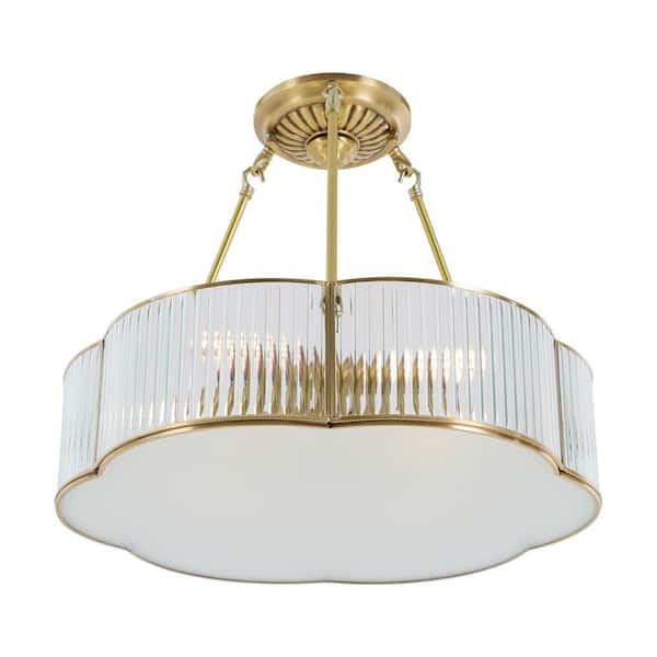 OUKANING 19.68 in. 4-Light Gold Modern Semi-Flush Mount Ceiling Light with Clear Glass Shade and No Bulbs Included
