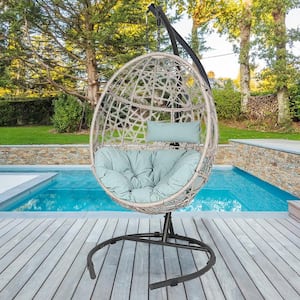 41.5 in. Black Metal Patio Swing Egg Chair with Light Blue Cushions